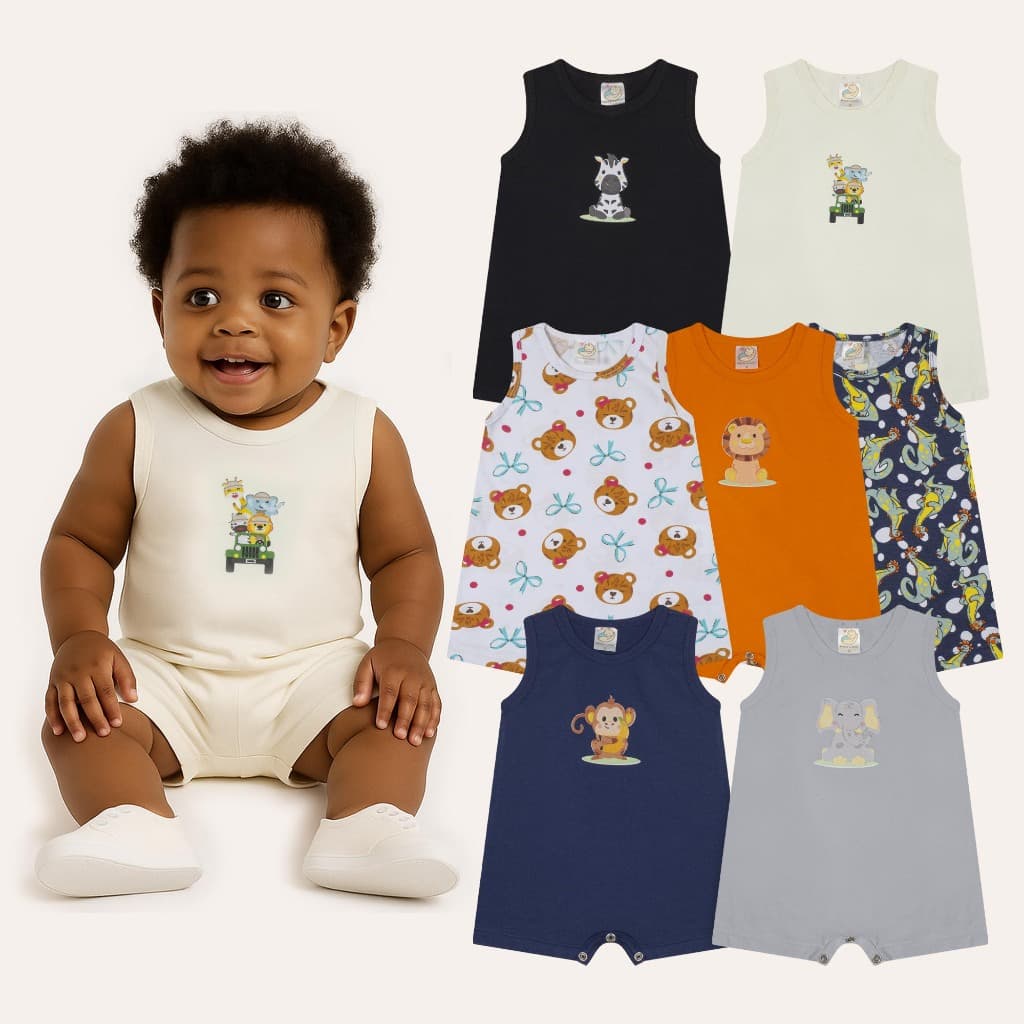 Romper Regata Infantil Kit 5 Peças Macacão Curto Menino Verão 100% Algodão - Peças P/M/G/GG/1 ANO