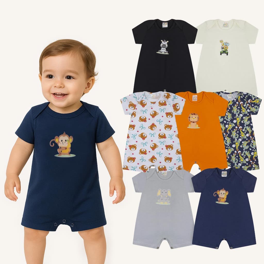 Romper Infantil Macacão Curto Menino Banho de Sol Verão 100% Algodão AVULSO P/M/G/GG/1 ANO