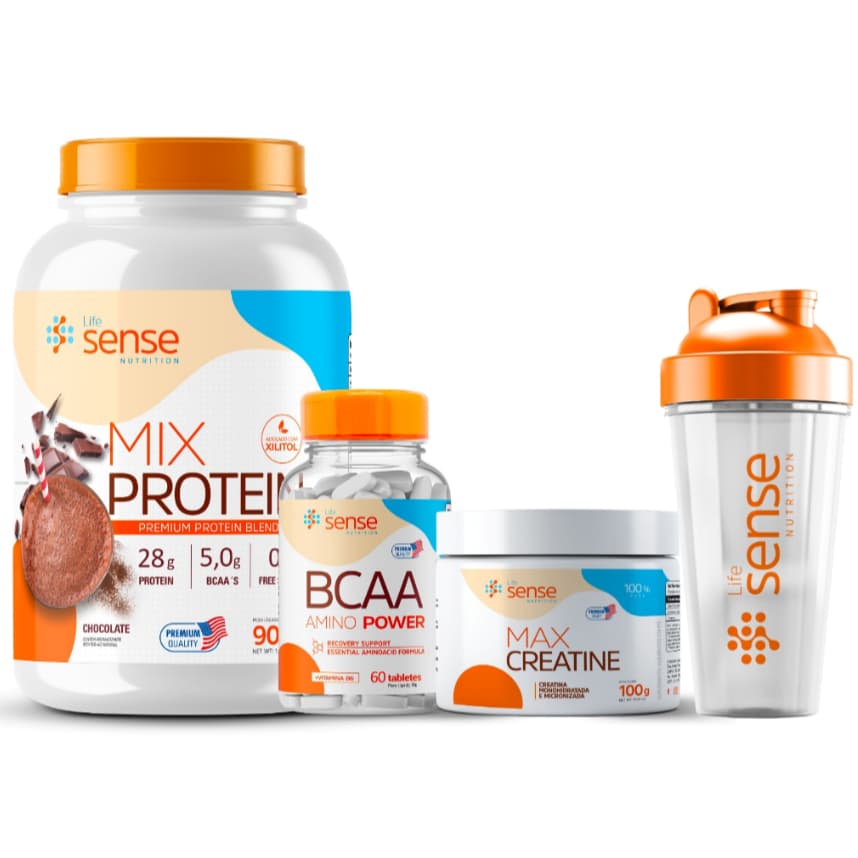 Kit Whey Mix Protein 900gr + BCAA Amino Power + Creatina 100% pura 100gr + Coqueteleria com peneira 600ML - LifeSense