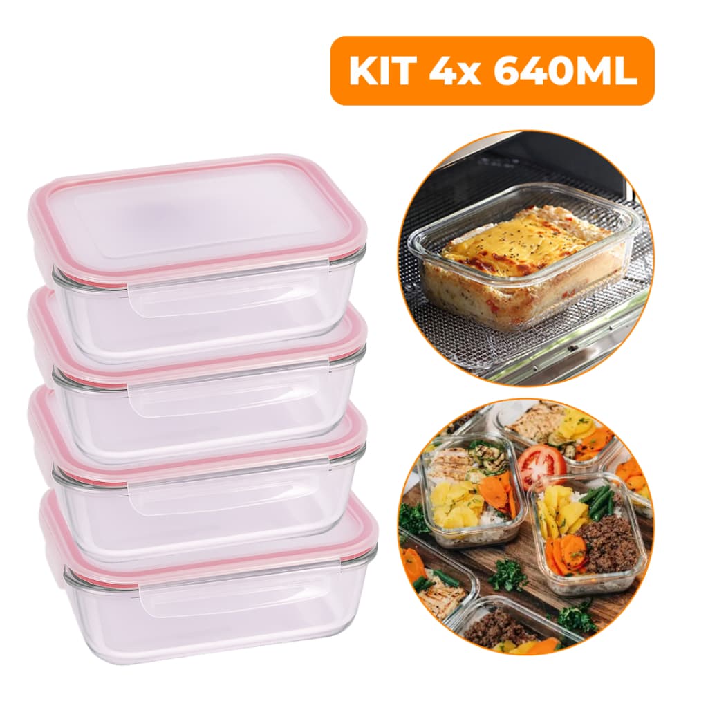 Kit 4 Potes De Vidro Hermético 640ml Marmita Freezer Microondas Tampa Com Travas