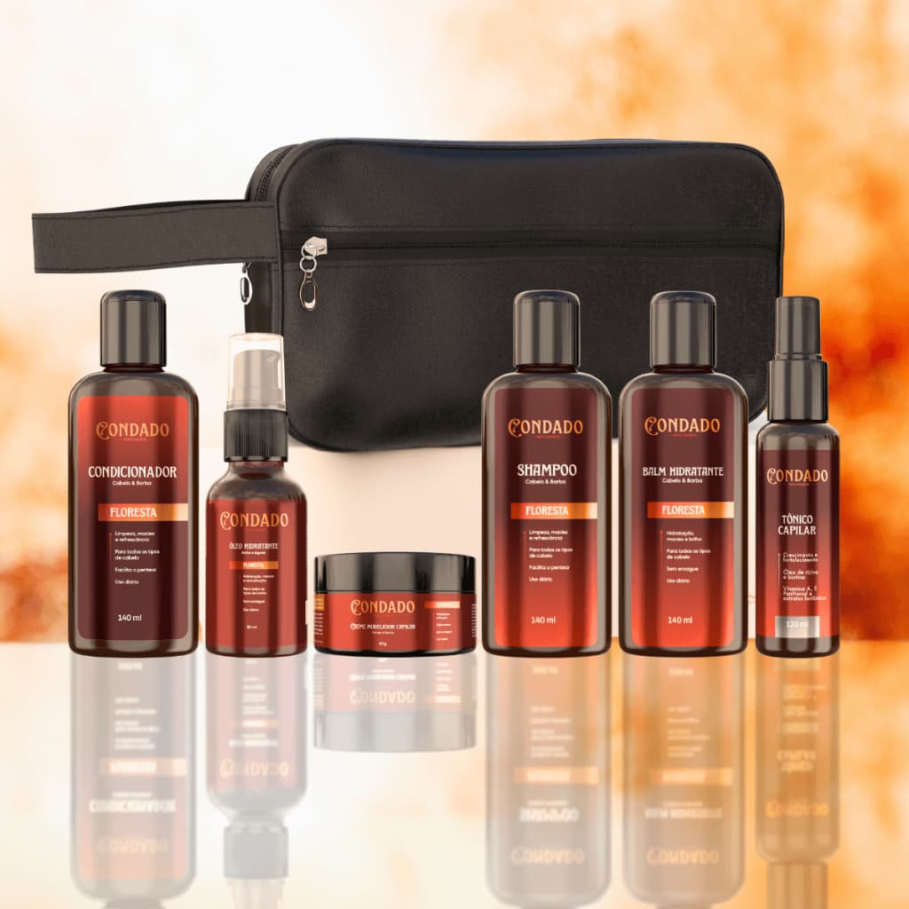 Kit Condado 7 Itens Barba e Cabelo Fortificante Hidratação Nutrição Completo Premium Necessaire