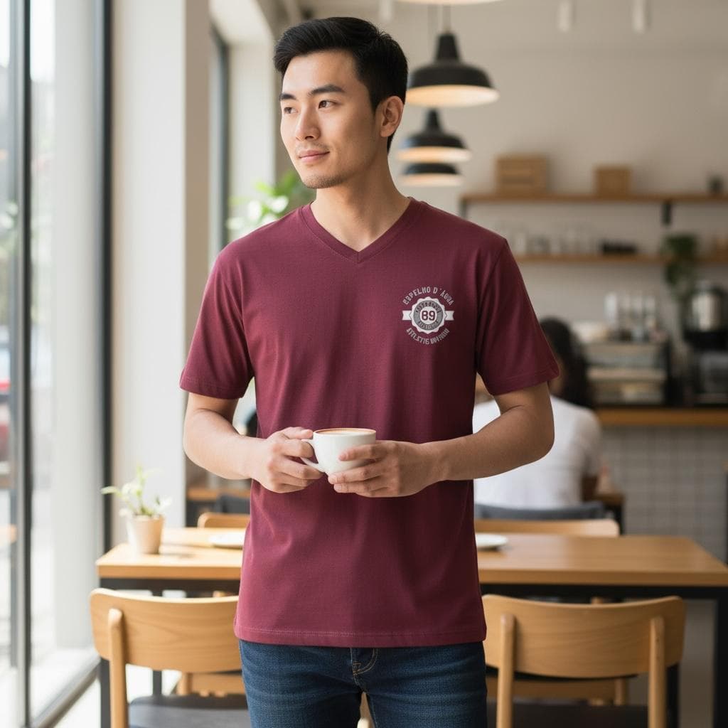 Camiseta Masculina T-Shirt Gola V Básica Casual Em Algodão Versátil e Confortável Para o Dia a Dia