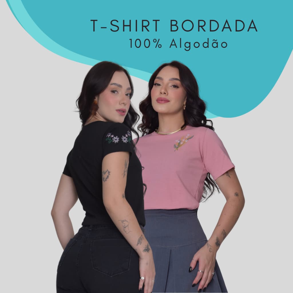 Kit 2 Camiseta Bordada na Manga Blusa T-Shirt Baby Look em Algodão Fio 30.1 Penteado