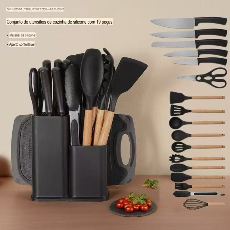Kit 19 Peças Completo Jogo Utensílios de Cozinha Luxo Pequeno Com Tábua em Silicone Pequeno