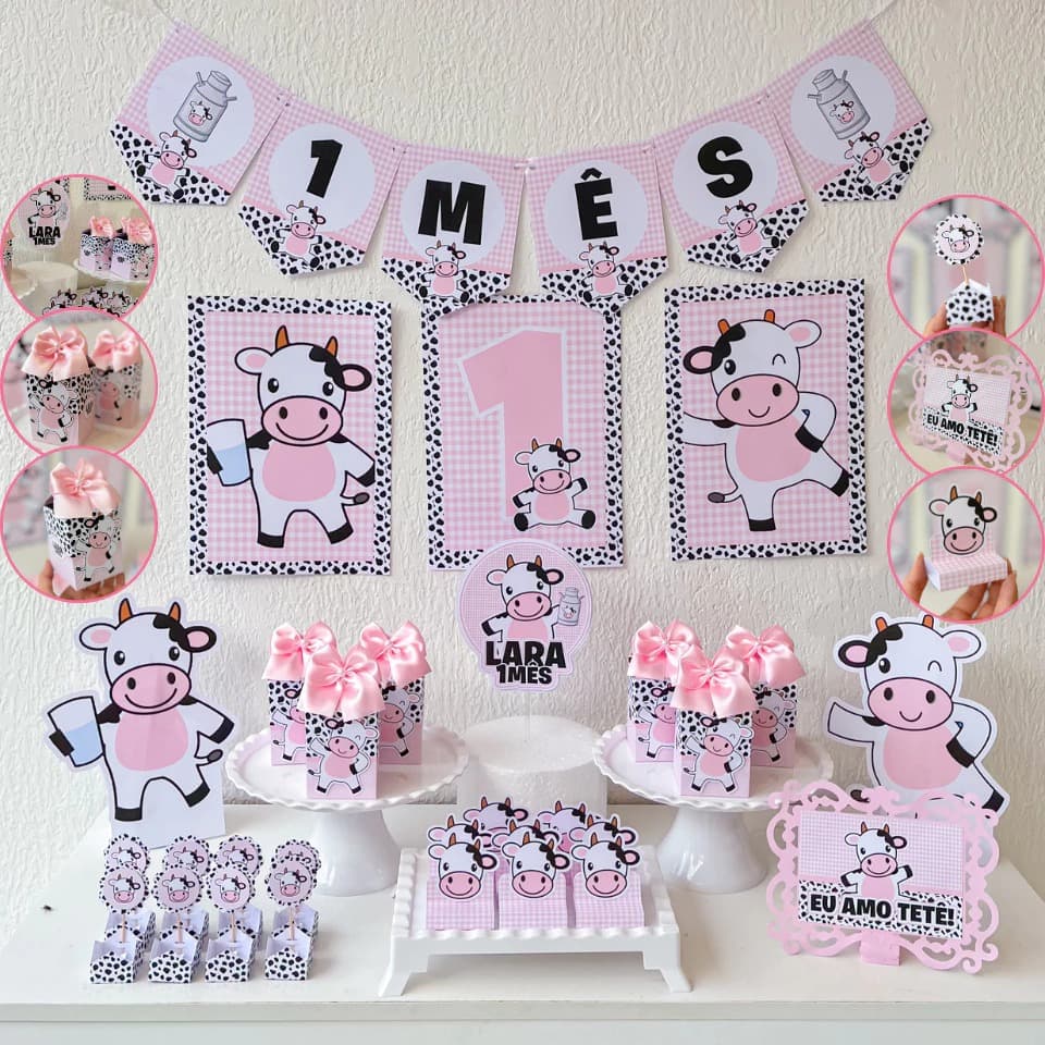 Kit Mesversário Vaquinha Amo tetê Personalizado | Festa Só Bolinho | Caixa | Lembrancinha 100 itens