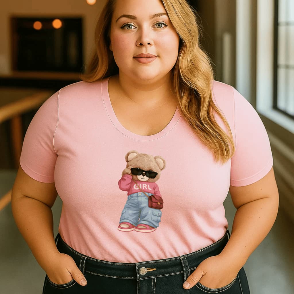Camiseta Plus Size Feminina Ursinha Fofo 100% Algodão Manga Curta Verão Blogueira