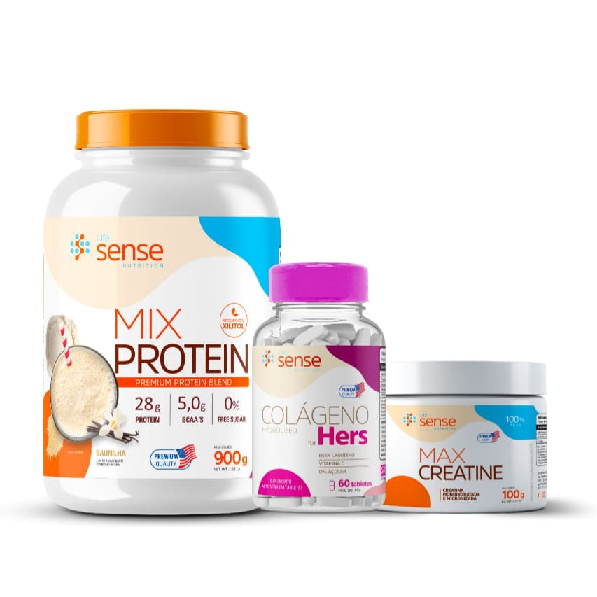 Kit Whey Mix Protein - 900gr + Colágeno Hers - 60 Tabletes + Creatina 100% pura - 100gr - LifeSense