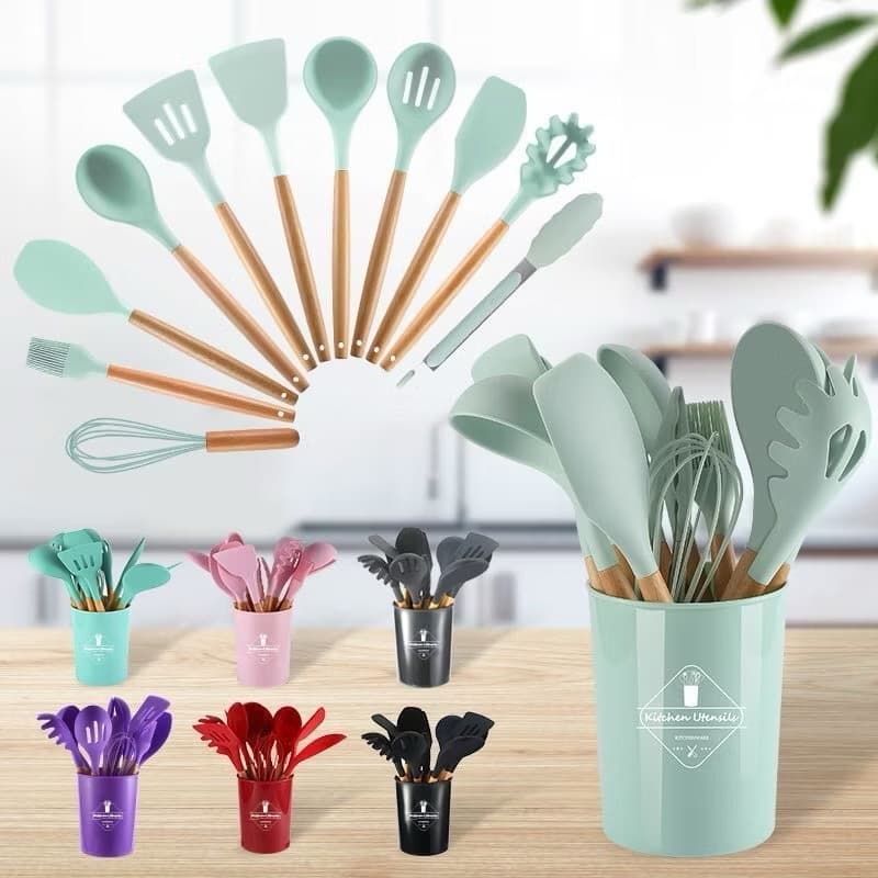 Jogo de Cozinha Kit C/12 Peças de Silicone, Utensílios e Copo Suporte para Cozinha Cabo de Madeira