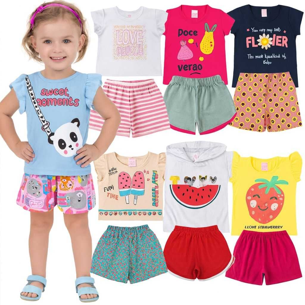Kit 3 Conjuntos Verão Infantil Feminino 6 Peças Blusa e Short Menina Algodão Confortável