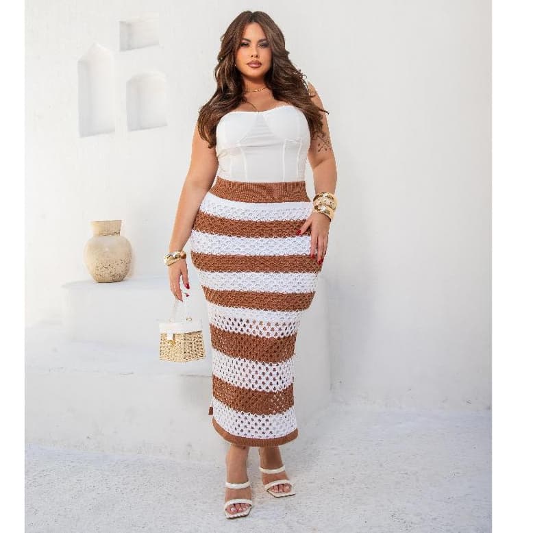 Saia Midi Plus Size Tecido Vazado em Tricô Modal Elegante Casual