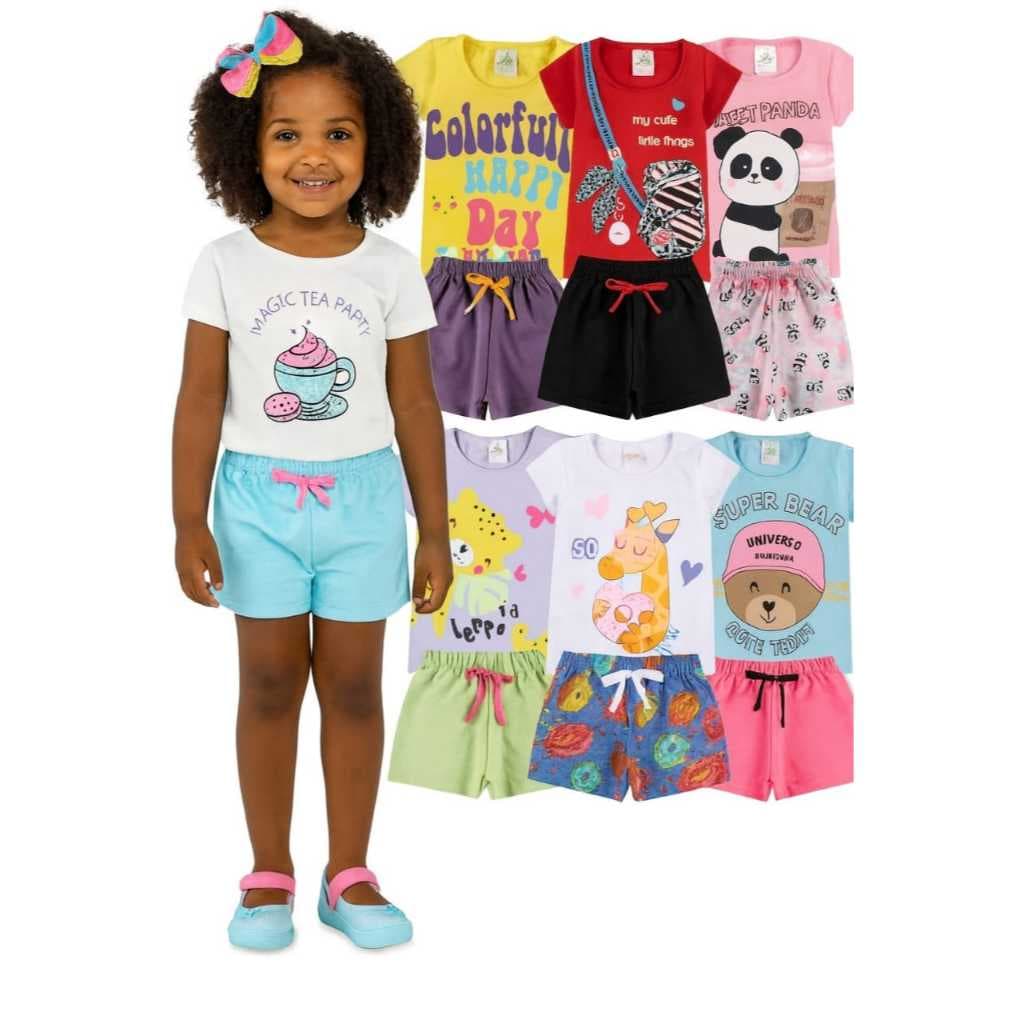 Kit 5 Conjuntos Camiseta + Shorts 10 Peças Verão Infantil Feminino – Algodão Tamanho 01 ao 14 Anos