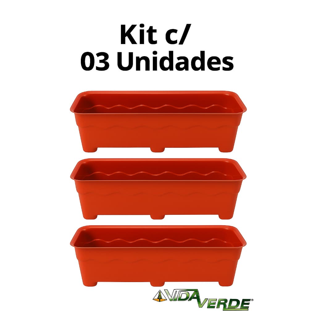 Kit 3 Floreiras Jardineiras 37cm Vasos Plásticos Retangulares Pequeno - Preto e Terracota