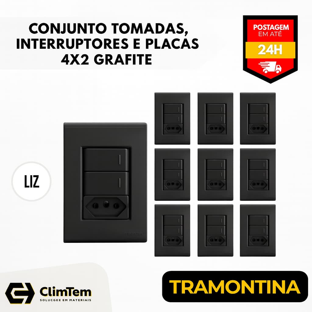 Conjunto Tomadas Com Interruptores e Placas 4x2 Grafite Tramontina Liz