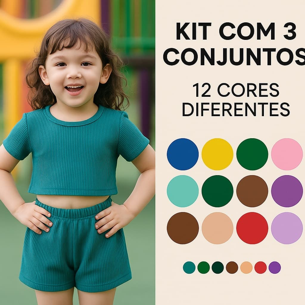 Roupa Infantil Menina Kit 3 conjuntos Canelado  Cores Variadas  Moda Infantil  Verão 04 a 08.