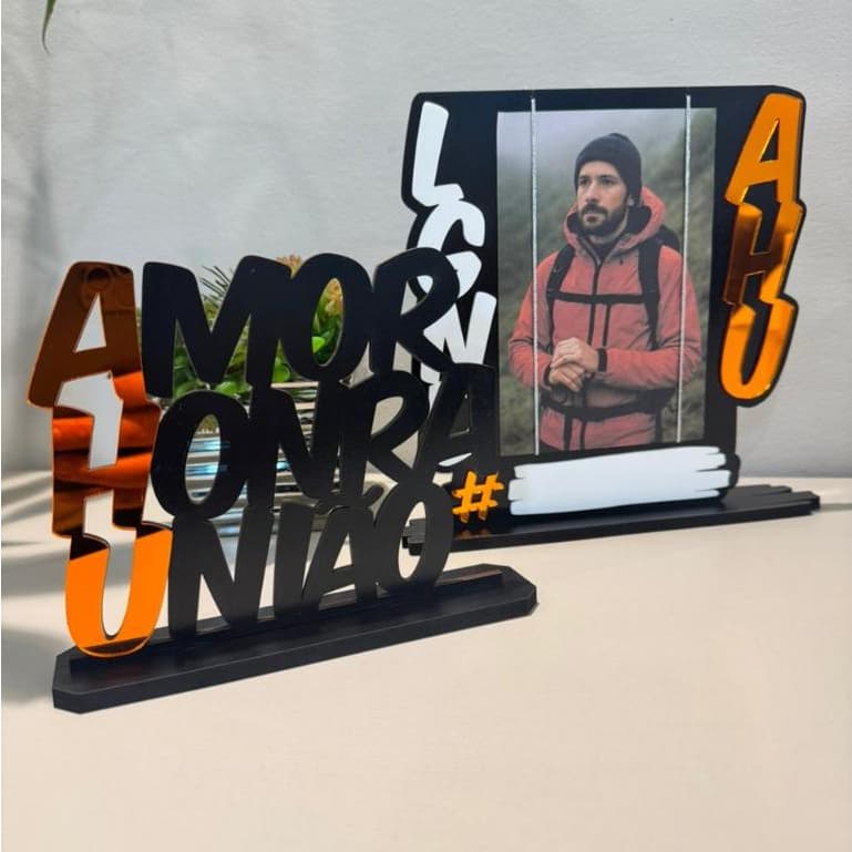 Porta-retrato AHU Amor Honra União Placa AHU em MDF e Acrílico Espelhado Lembrança Espiritual