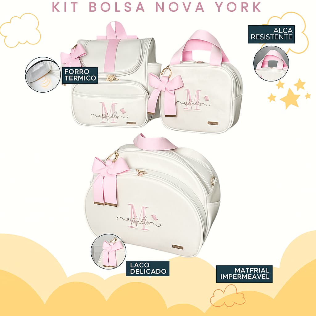 Kit Maternidade 3 Peças Bolsa, Mochila e Bolsa Média Personalizado Térmica, Coleção Nova York