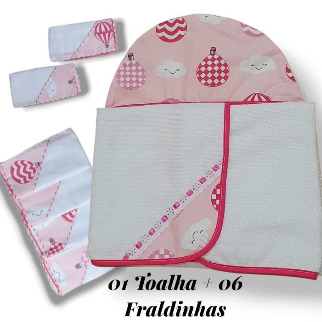 Toalha Com Fraldas Kit Contem 01 Toalha Banho Bebe Infantil Com Capuz e 06 Fraldinhas Overlocadas Algodao E Poliester