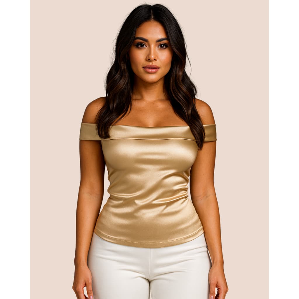 Blusa Ombro a Ombro Feminino Estilosa Justinha Tecido Cetim Brilhante Compociçao de Look Natal Ano Novo