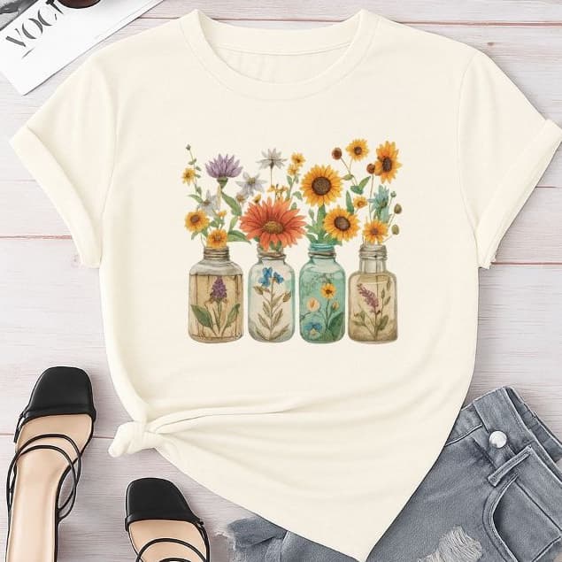 Camiseta Camisa T-shirt Feminina100%Algodão Estampa Floral Estampa Delicada Casual