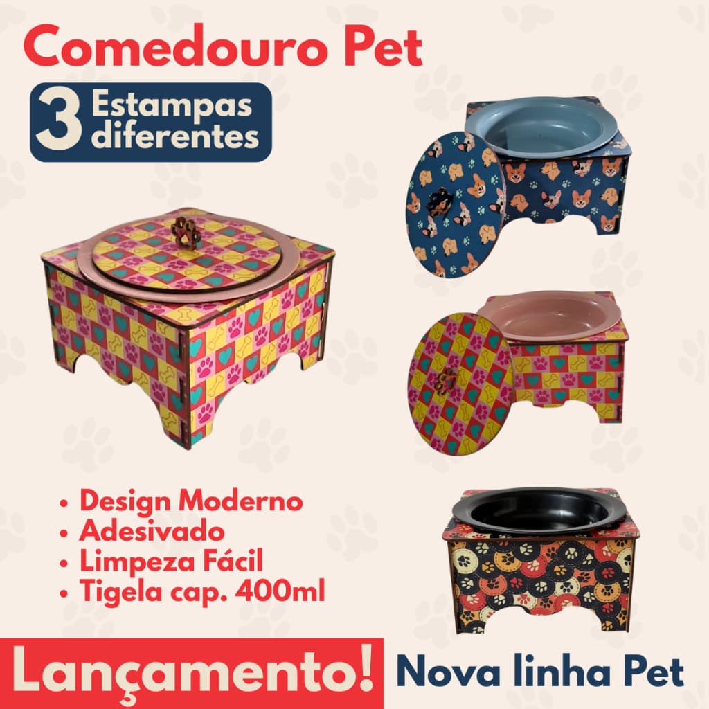 Comedouro Pet em MDF Adesivado Tigela/Pote 400ml Para Ração.