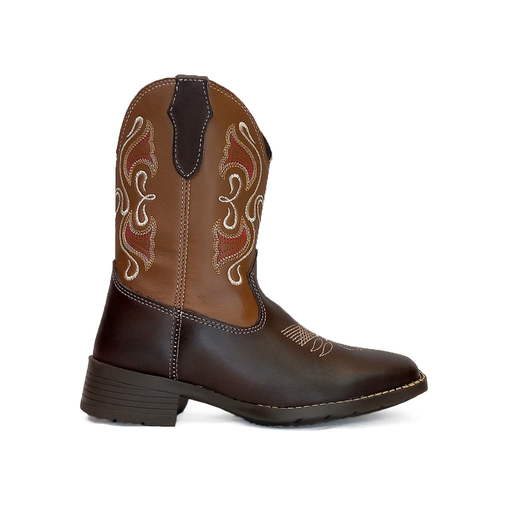 Bota Texana Infantil Feminina Kapell com Bordado Tribal Em Couro Marrom Bico quadrado Cano Longo