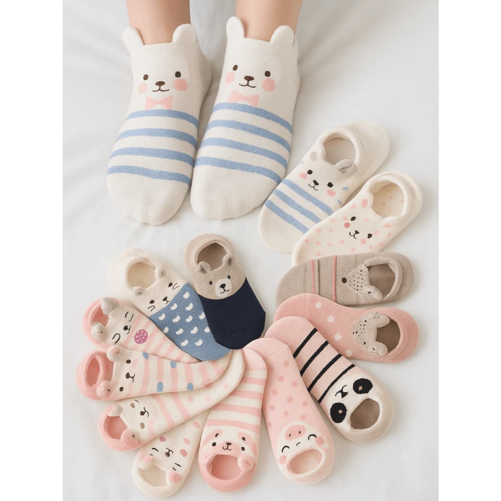 Kit 10 Pares de meia Sapatilha Feminina Adulto Algodão Infantil Bichinhos Fofura Orelhinhas