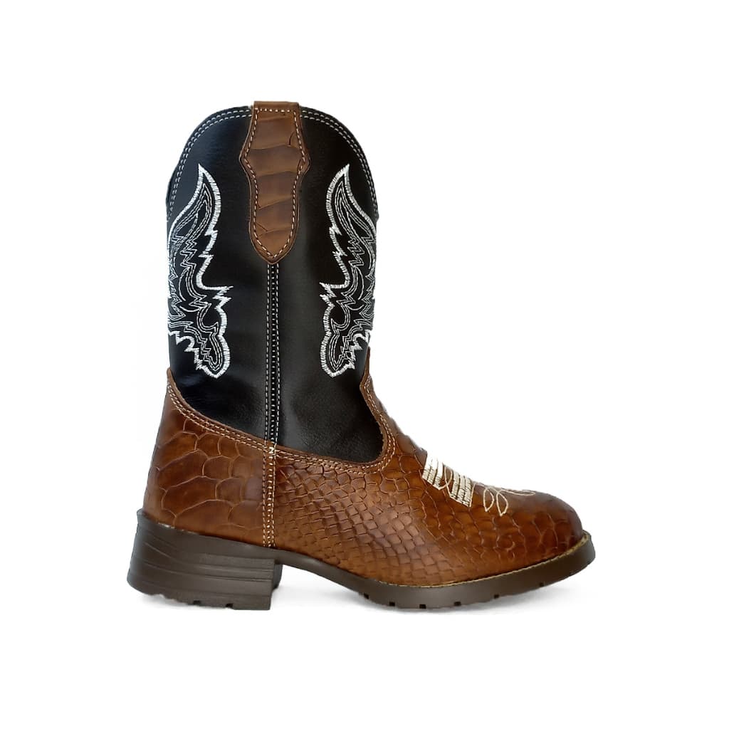 Bota Infantil Texana Masculina Anaconda Kapell em Couro Marrom com Textura de Cobra Bico Redondo