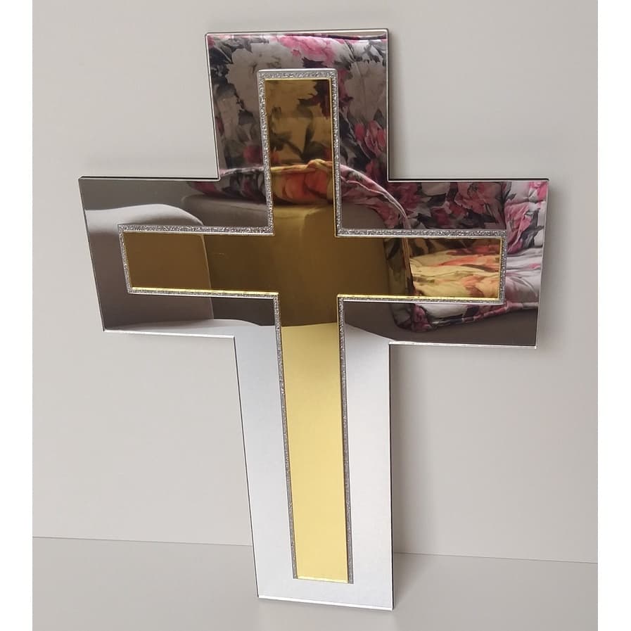 Cruz De Luxo Espelho em Acrílico Dourado com Prata Crucifixo Sobreposto