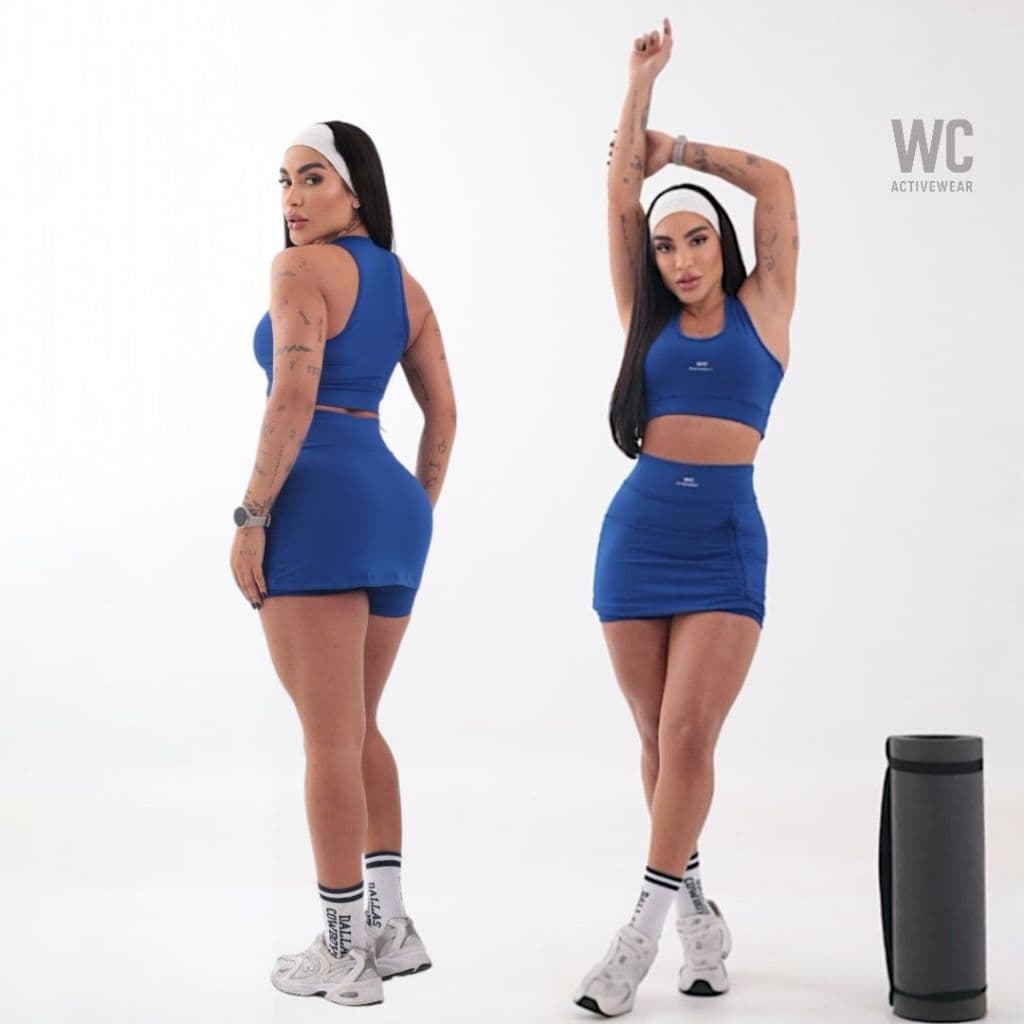 Conjunto Academia Azul Royal Short Saia e Top Fitness Ajusta No Corpo Cintura Alta