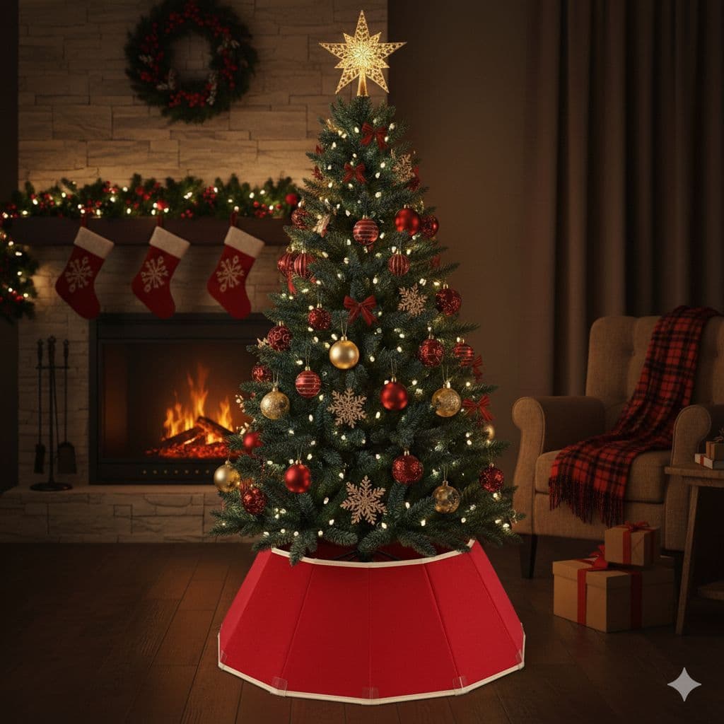 Saia Rígida Vermelha para Árvore de Natal 25x68cm Tecido com Suporte Firme e Fechamento em Velcro