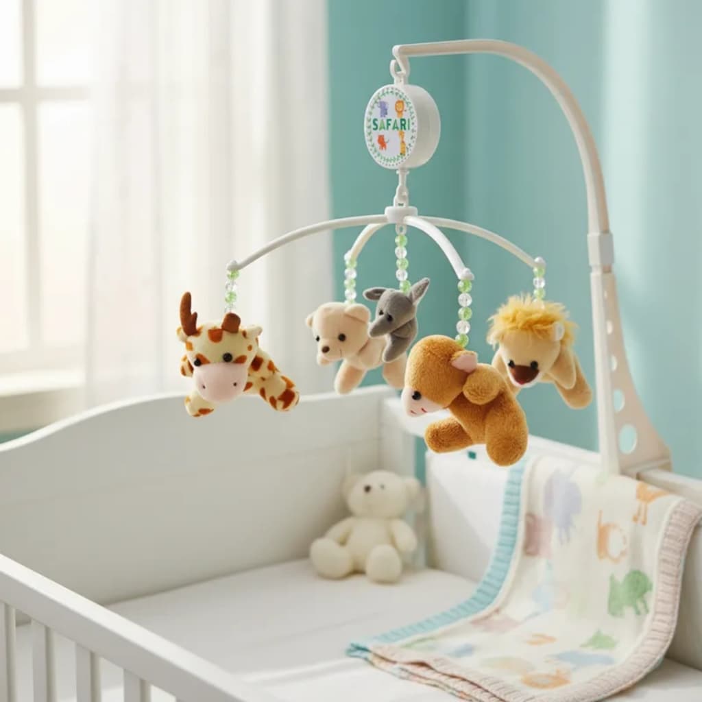 Mobile Para Berço Musical Giratório Safari Animais da Floresta Personalizado c/ Nome do Bebê - Envio Imediato