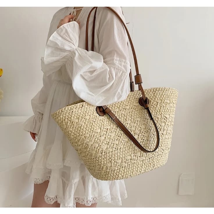 Bolsa de Palha de Grande Capacidade para Férias Passeios praia Moda Bolsa de Ombro Tecida
