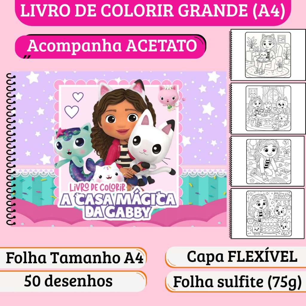 Caderno de Colorir Casa Mágica da Gabby - Grande A4, Capa Flexível, Acetato, 50 desenhos
