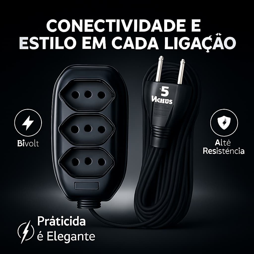 Extensão Elétrica Bivolt 10A Tripolar 5 Metros 3 Tomadas Preto para Uso Doméstico 110/220v