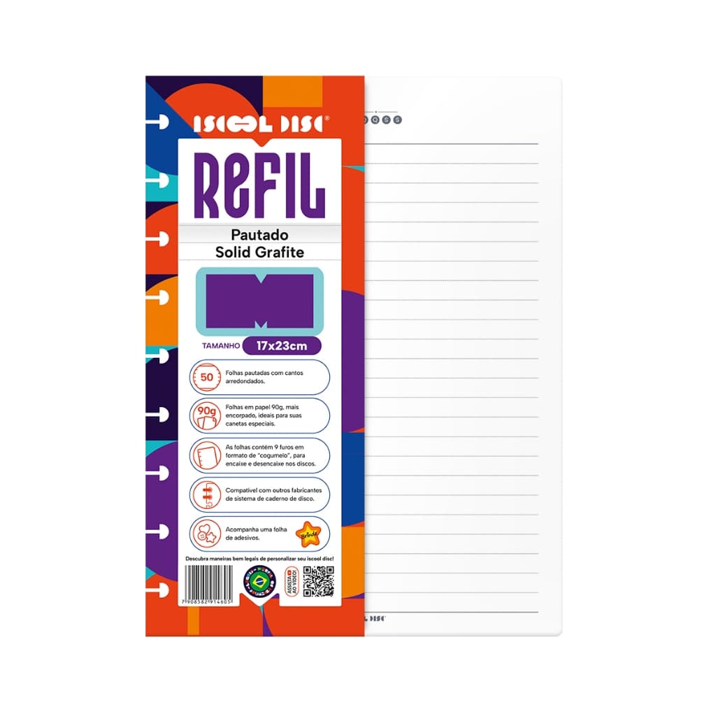 Refil Caderno De Disco Iscool Inteligente Pautado SOLID Cores 50 Folhas 90g Médio