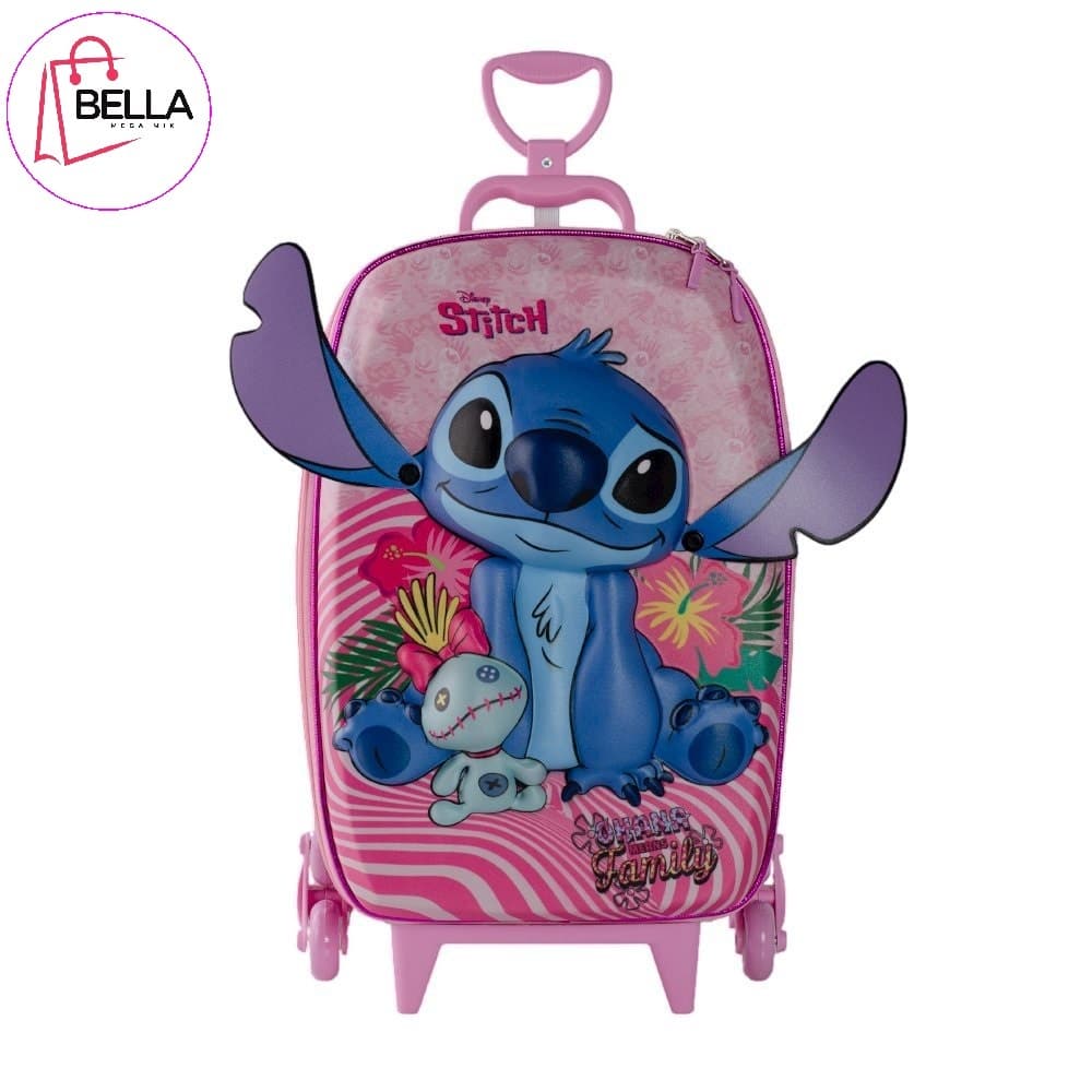 Mochila Escolar Infantil Stitch 3D com Rodinhas Impermeável Rosa