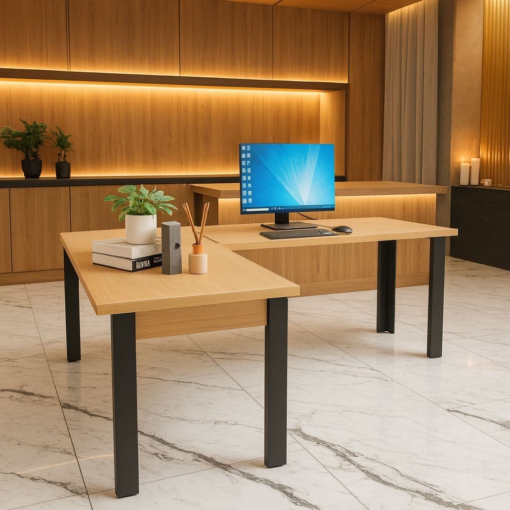 Mesa Industrial Para Escritório Empresarial Preta e Mel 1,10x1,10 Em L