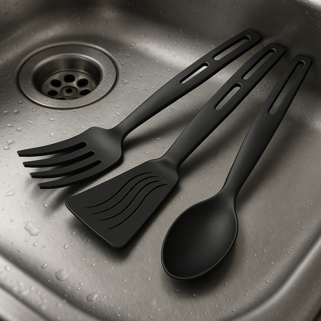 Kit 3 Utensílios de Cozinha Pretos Premium 3 peças – Colher, Espátula e Garfo Resistentes
