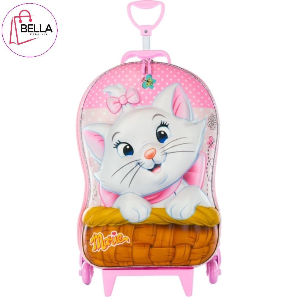 Mochila Mala 3D Gatinha Marie com Rodinhas Rosa Infantil Lindo Presente