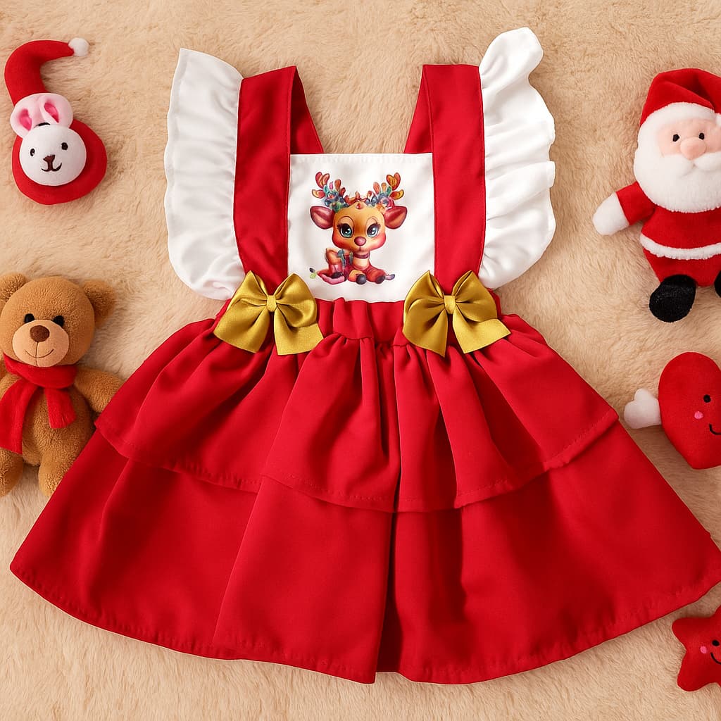 Vestido Infantil Bebê Natalino Vermelho com Laços Dourados