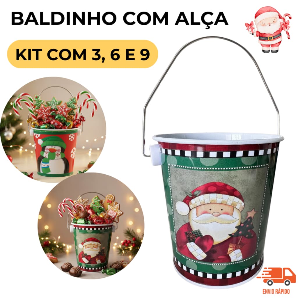 Kit 3 Baldinhos com Alça Lembrancinha Natal 630ml Decorados Presente Decoração Brinde