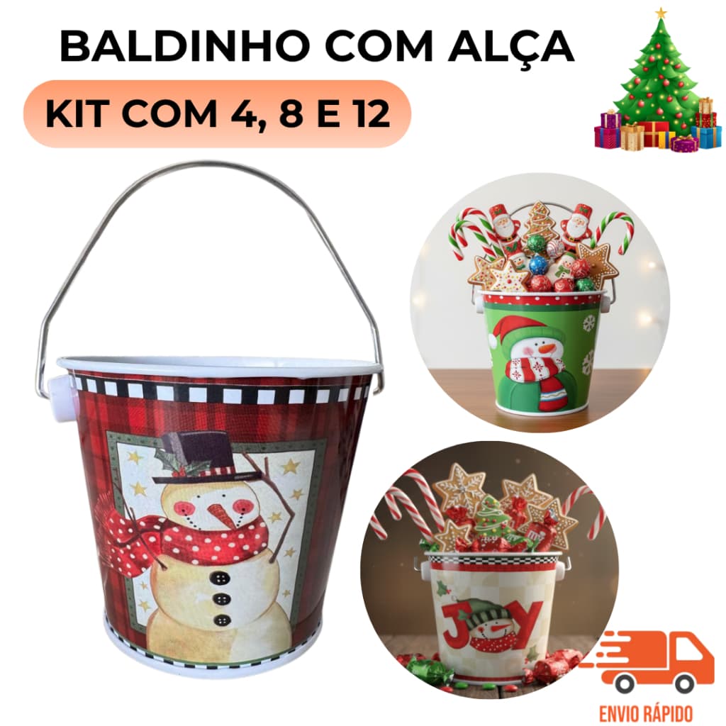 Kit 4 Mini Baldinhos de Natal 70ml com Alça Decoração Presente Lembrancinha
