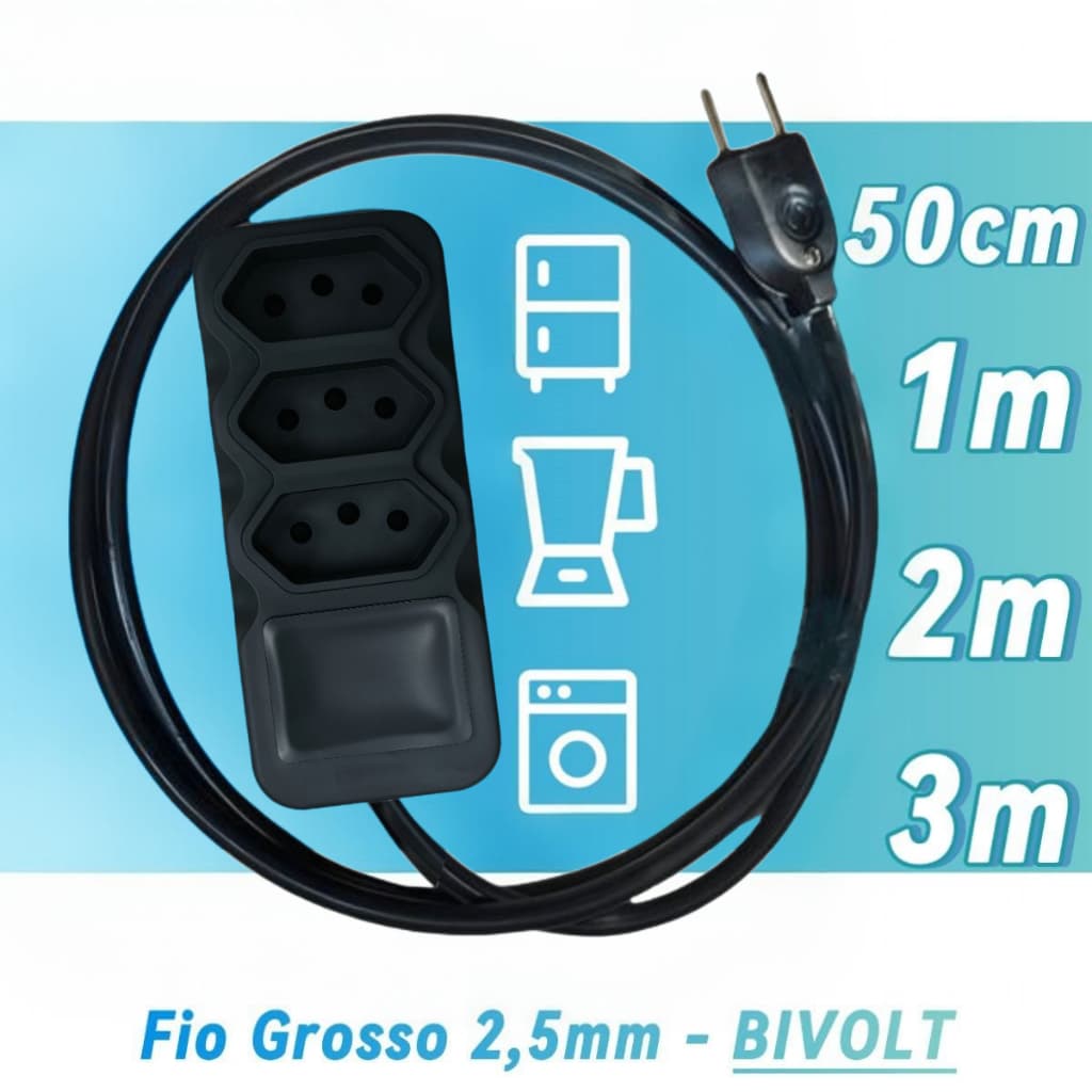 Extensão elétrica Extensão de Energia 3Tomadas com 50 cm 1 metro 2 metros 3 metros Preta 20 Ampares