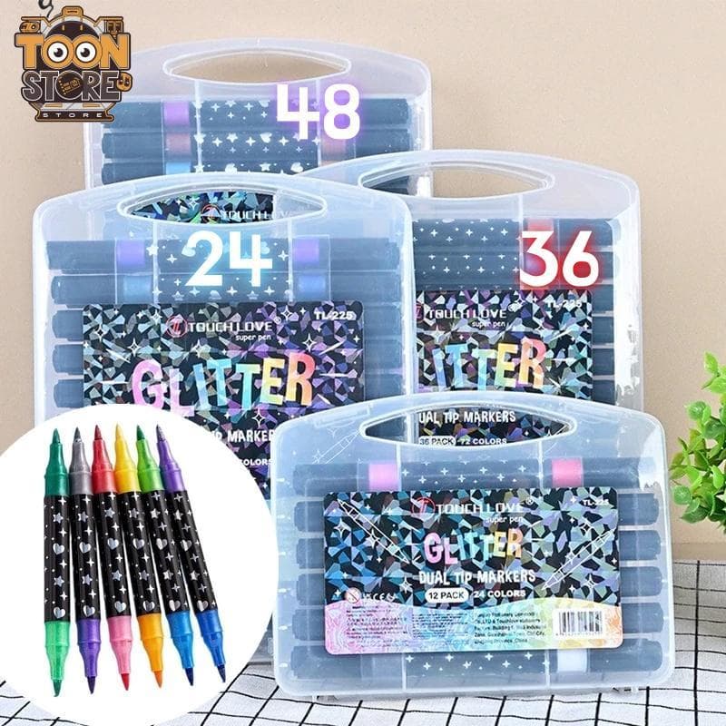 Caneta Marcadora Tinta Metálica e Neon 24/36/48 Caneta de Glitter de Cabeça Dupla Pontas com Cores Diferentes de Marcado