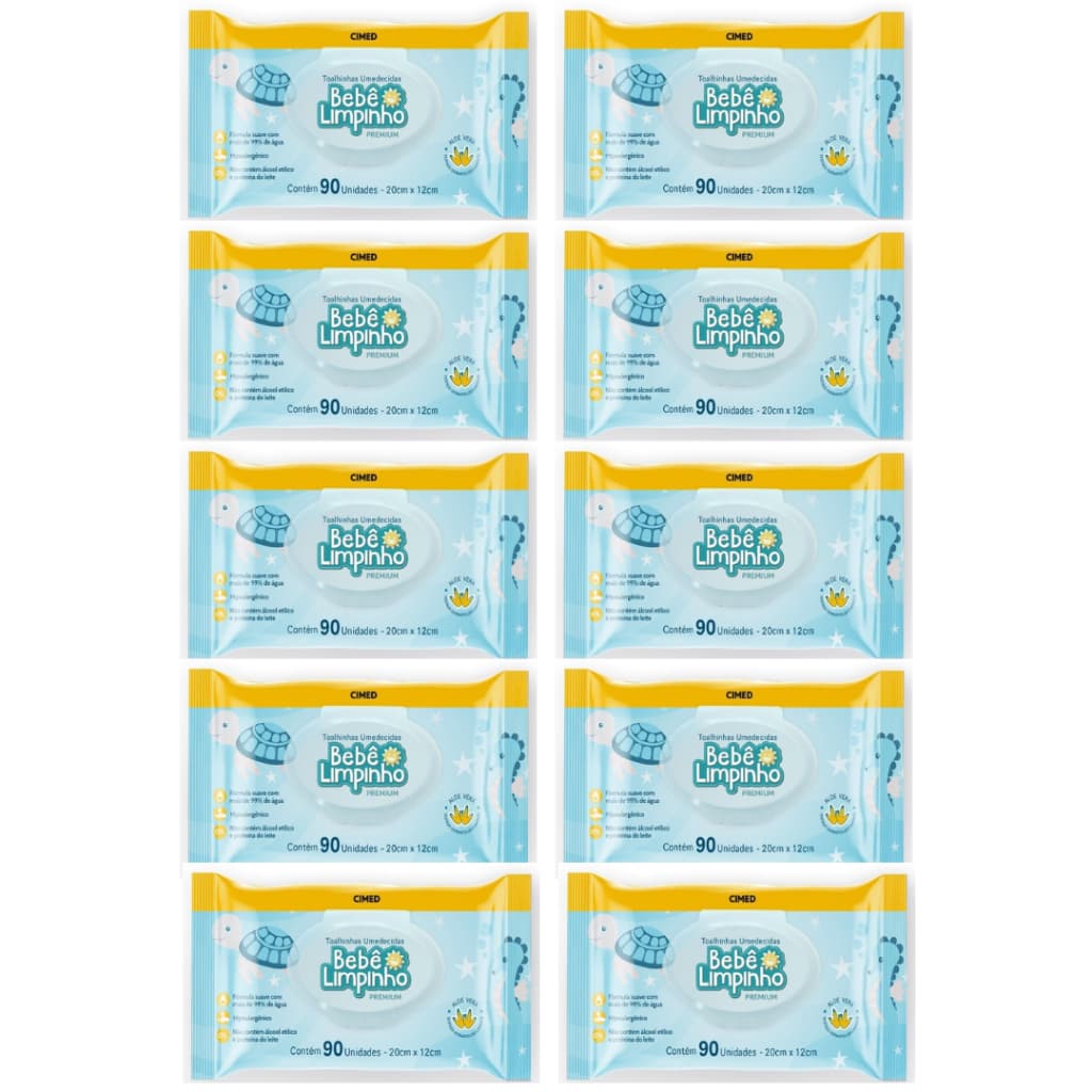 KIT 10 PACOTES TOALHAS UMEDECIDAS BEBE LIMPINHO - 90 FOLHAS COM TAMPA