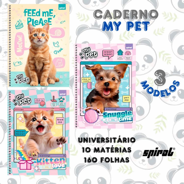 Caderno Universitário Espiral My Pet Gato Cachorro 10 Matérias 160 Folhas Capa Dura | Spiral