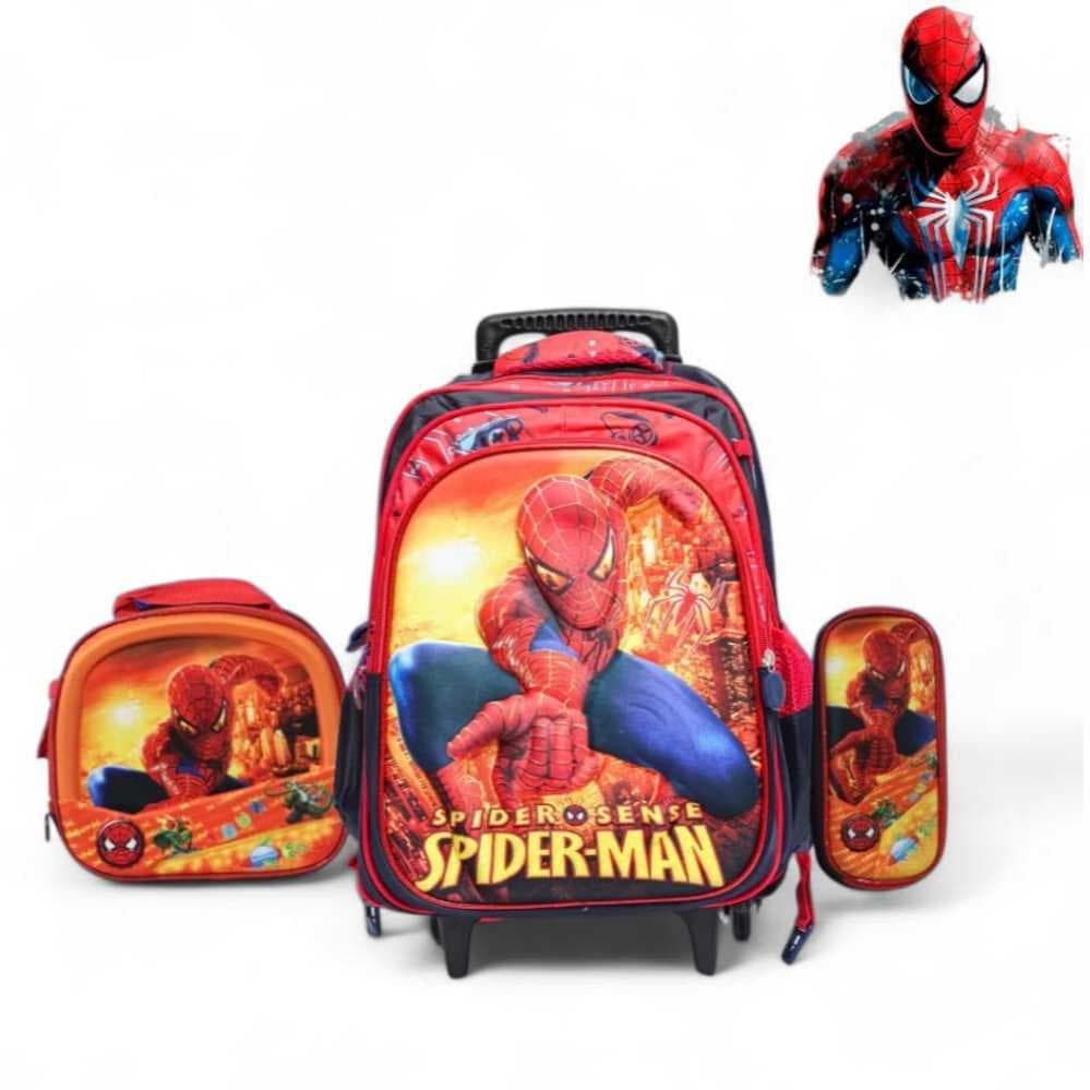 KIT MOCHILA ESCOLAR 3D LANCHEIRA TERMICA E ESTOJO COM RODINHAS HOMEN ARANHA
