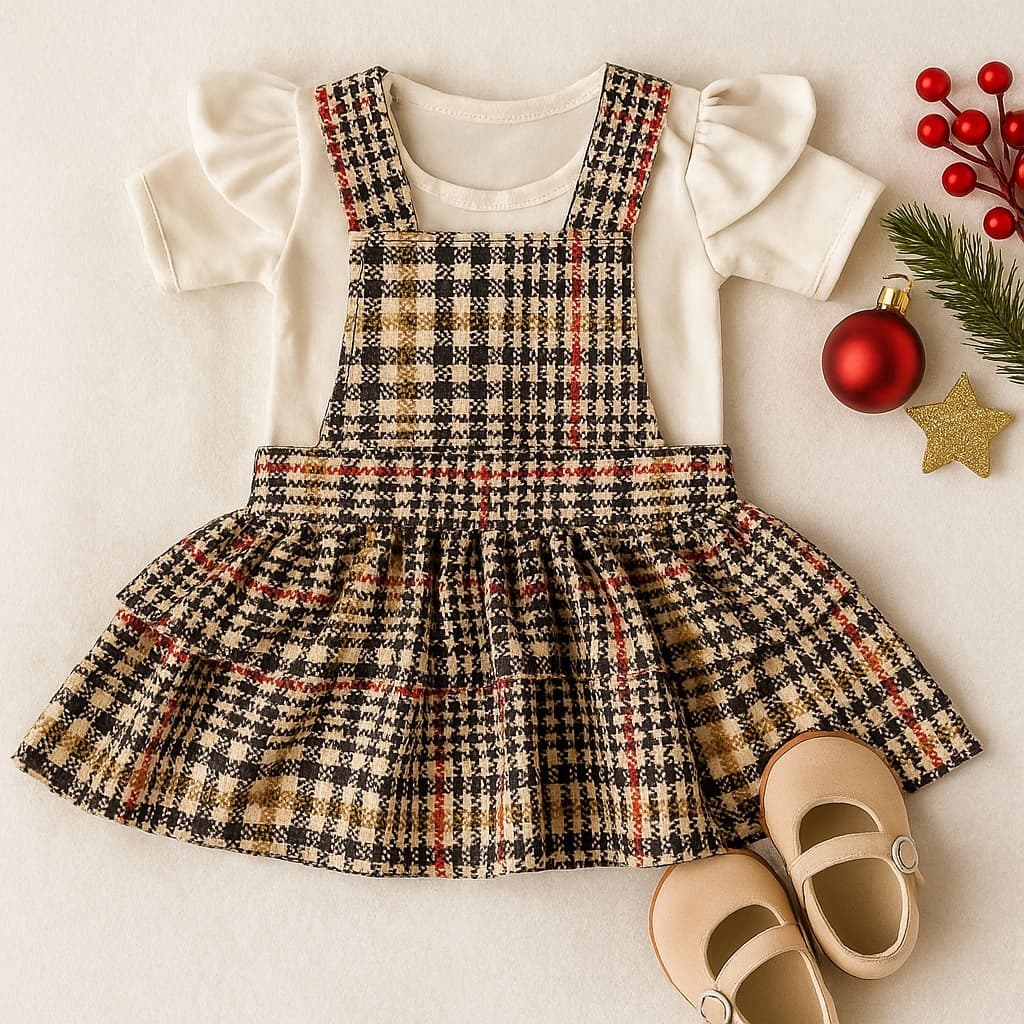 Vestido Infantil Xadrez Natalino Bebê Menina Conjunto Blusa Branca e Saia – Roupa de Festa de Natal