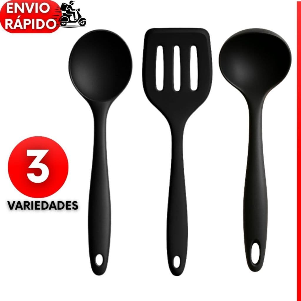 Kit 3 Colher Concha Espátula de Silicone Premium Preto Vermelho Utensílios Cozinha