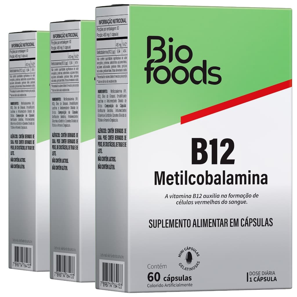 3x Vitamina B12 Metilcobalamina 9,94 ug 60caps Dose Máxima Diária Sem Glúten Suplemento Alimentar